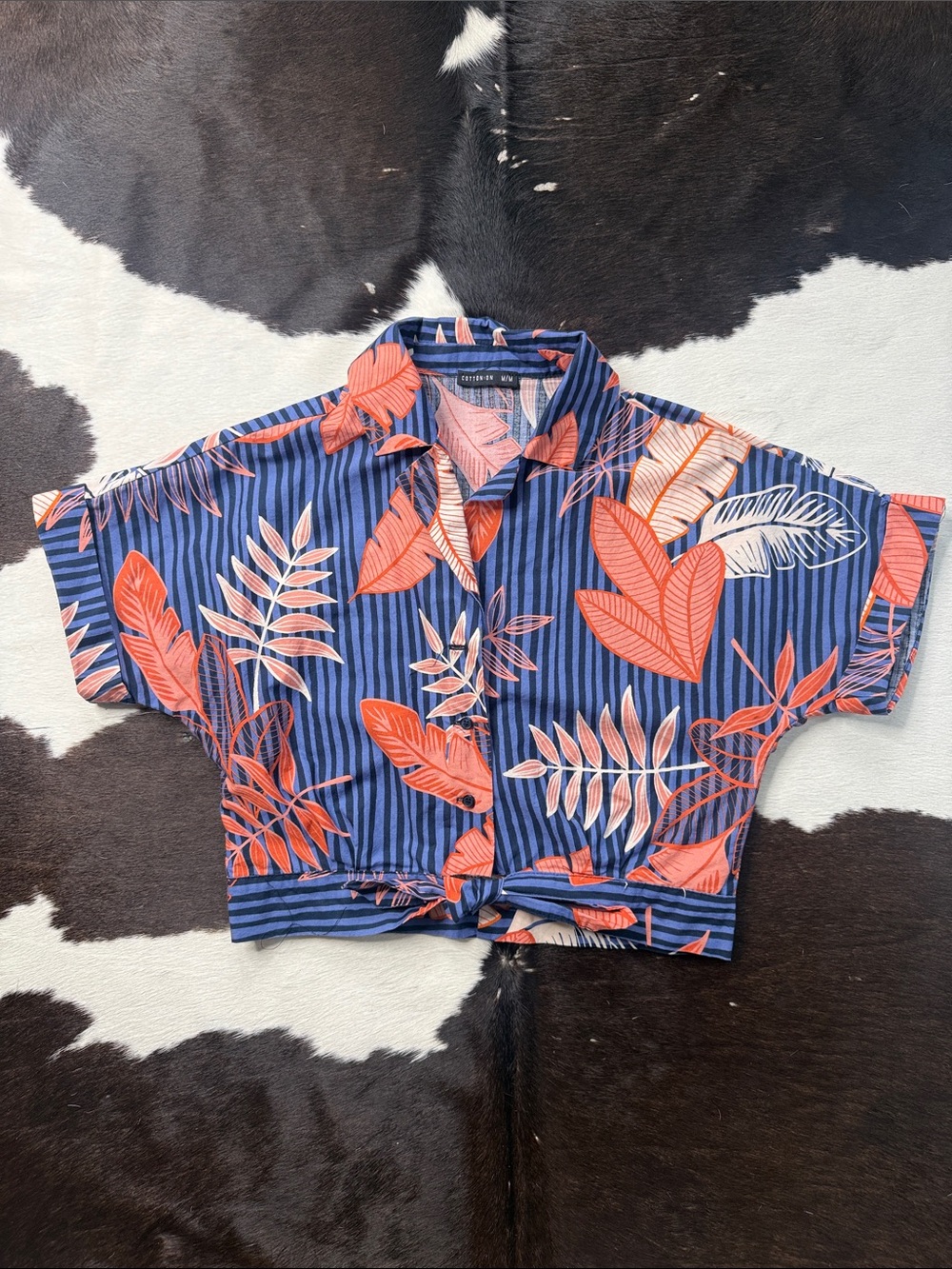 Cotton On Navy & Coral Striped Tropical Tie-Front Button Down